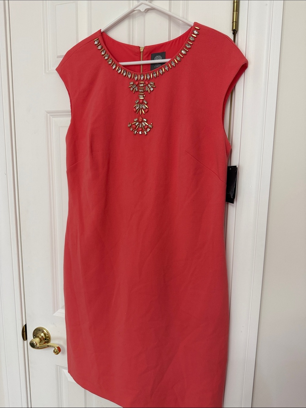 Vince Camuto Coral Midi Sheath Dress with Jeweled Neckline